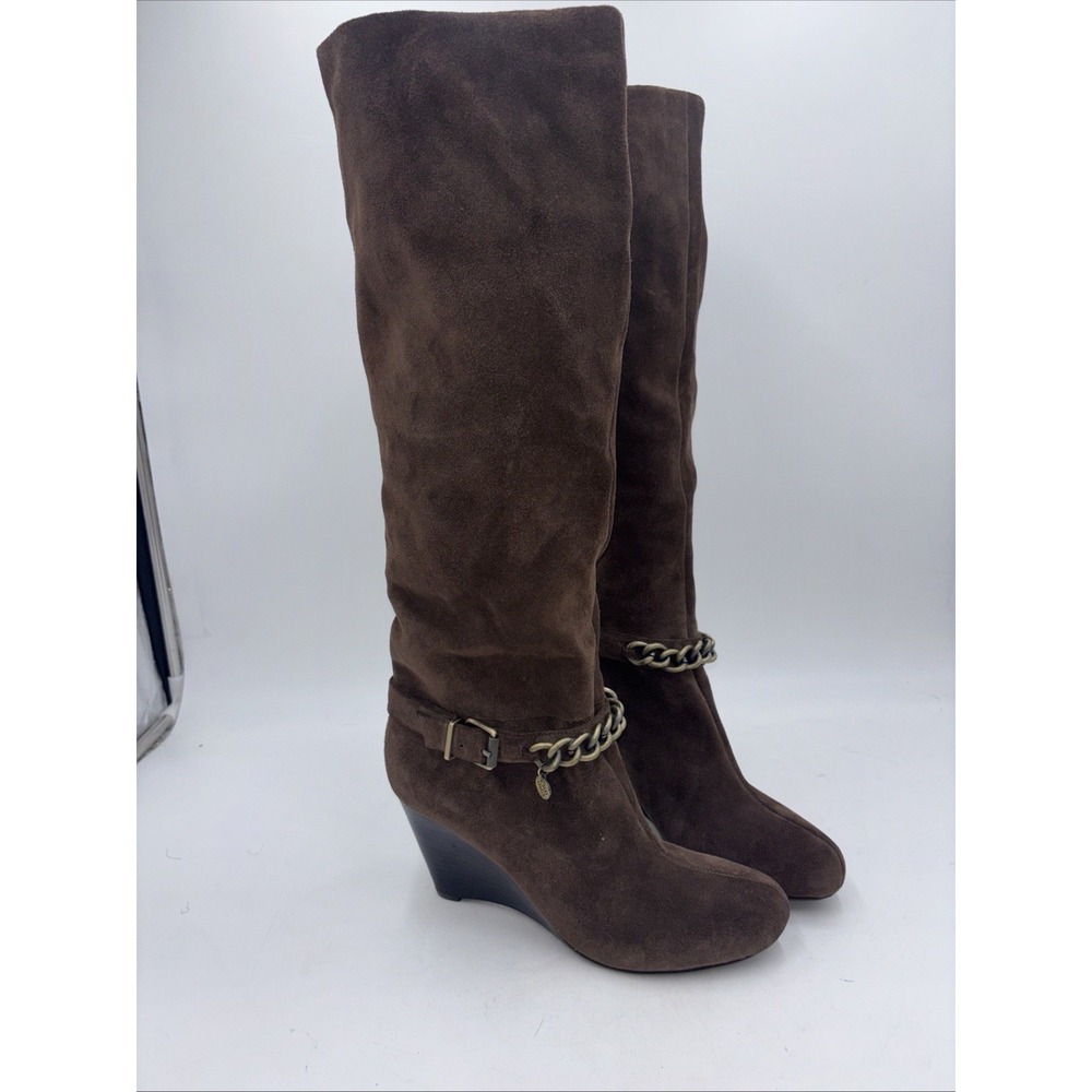 BCBG Generation Brown Suede Wedge Boots Calf Height 20inch Women's 9 NEW